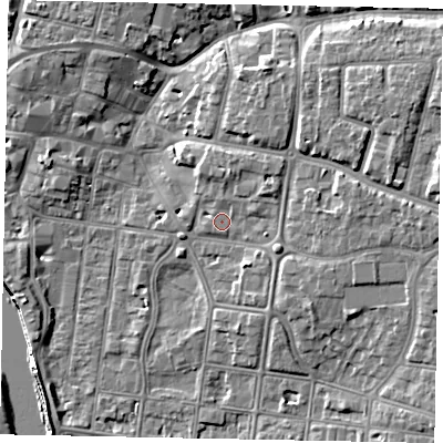 Shaded relief map of the ground around BN175LF, computed from Environment Agency LiDAR. The ground here sits at about 4 m above sea level and falls 10 m across the surrounding 800 m. Surface water reaching this point runs off ground lying to the north-north-east, 1.1 m higher.