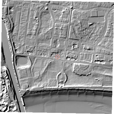 Shaded relief map of the ground around BN175LG, computed from Environment Agency LiDAR. The ground here sits at about 2 m above sea level and falls 12 m across the surrounding 800 m. Surface water reaching this point runs off ground lying to the north-east, 5.7 m higher.