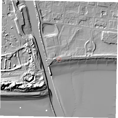 Shaded relief map of the ground around BN175LH, computed from Environment Agency LiDAR. The ground here sits at about 5 m above sea level and falls 18 m across the surrounding 800 m. Surface water reaching this point runs off ground lying to the west, 1.6 m higher.