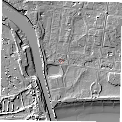 Shaded relief map of the ground around BN175LJ, computed from Environment Agency LiDAR. The ground here sits at about 2 m above sea level and falls 11 m across the surrounding 800 m. Surface water reaching this point runs off ground lying to the north-east, 4.8 m higher.