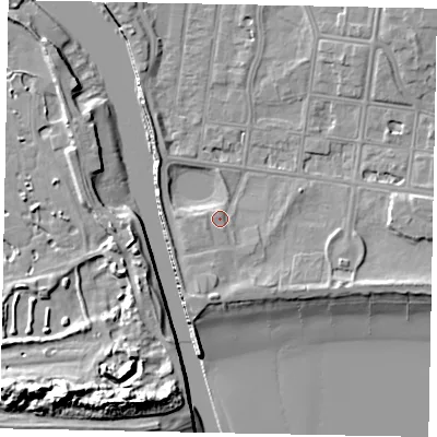Shaded relief map of the ground around BN175LL, computed from Environment Agency LiDAR. The ground here sits at about 4 m above sea level and falls 18 m across the surrounding 800 m. Surface water reaching this point runs off ground lying to the south-south-west, 1.5 m higher.