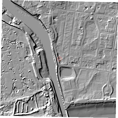 Shaded relief map of the ground around BN175LP, computed from Environment Agency LiDAR. The ground here sits at about 3 m above sea level and falls 9 m across the surrounding 800 m. Surface water reaching this point runs off ground lying to the north-west, 2.0 m higher.