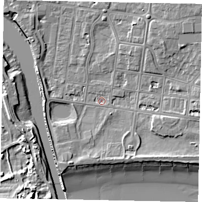 Shaded relief map of the ground around BN175LQ, computed from Environment Agency LiDAR. The ground here sits at about 2 m above sea level and falls 12 m across the surrounding 800 m. Surface water reaching this point runs off ground lying to the north-east, 5.4 m higher.