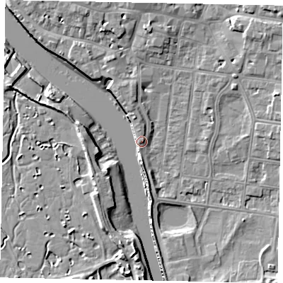 Shaded relief map of the ground around BN175LR, computed from Environment Agency LiDAR. The ground here sits at about 4 m above sea level and falls 8 m across the surrounding 800 m. Surface water reaching this point runs off ground lying to the south, 3.3 m higher.