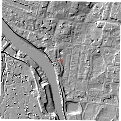 Shaded relief map of the ground around BN175LS, computed from Environment Agency LiDAR. The ground here sits at about 3 m above sea level and falls 9 m across the surrounding 800 m. Surface water reaching this point runs off ground lying to the south, 3.8 m higher.