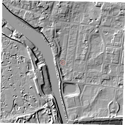 Shaded relief map of the ground around BN175LU, computed from Environment Agency LiDAR. The ground here sits at about 2 m above sea level and falls 8 m across the surrounding 800 m. Surface water reaching this point runs off ground lying to the south-south-east, 4.6 m higher.