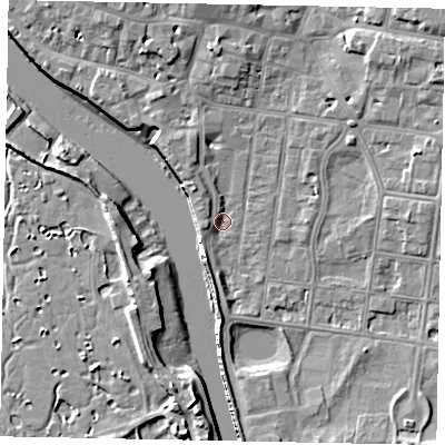 Shaded relief map of the ground around BN175LW, computed from Environment Agency LiDAR. The ground here sits at about 2 m above sea level and falls 8 m across the surrounding 800 m. Surface water reaching this point runs off ground lying to the south-east, 3.9 m higher.