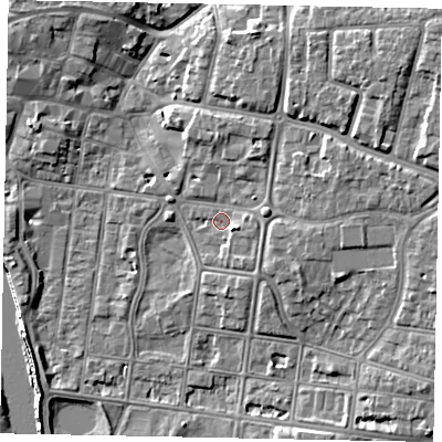 Shaded relief map of the ground around BN175LX, computed from Environment Agency LiDAR. The ground here sits at about 4 m above sea level and falls 10 m across the surrounding 800 m. Surface water reaching this point runs off ground lying to the north-east, 5.0 m higher.