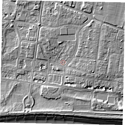 Shaded relief map of the ground around BN175LZ, computed from Environment Agency LiDAR. The ground here sits at about 4 m above sea level and falls 8 m across the surrounding 800 m. Surface water reaching this point runs off ground lying to the north-east, 5.3 m higher.