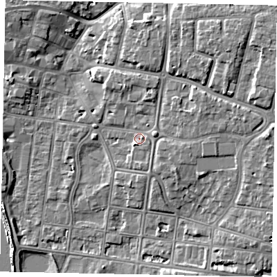 Shaded relief map of the ground around BN175NA, computed from Environment Agency LiDAR. The ground here sits at about 4 m above sea level and falls 10 m across the surrounding 800 m. Surface water reaching this point runs off ground lying to the north-east, 4.8 m higher.