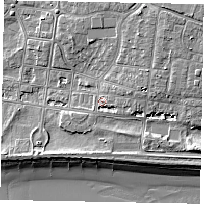 Shaded relief map of the ground around BN175NG, computed from Environment Agency LiDAR. The ground here sits at about 5 m above sea level and falls 10 m across the surrounding 800 m. Surface water reaching this point runs off ground lying to the east, 2.2 m higher.