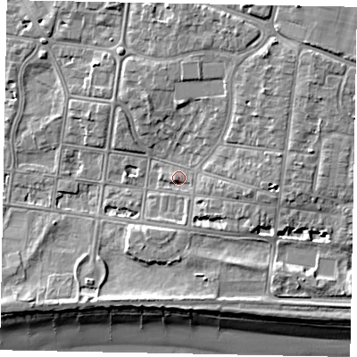 Shaded relief map of the ground around BN175NH, computed from Environment Agency LiDAR. The ground here sits at about 4 m above sea level and falls 9 m across the surrounding 800 m. Surface water reaching this point runs off ground lying to the east-south-east, 3.0 m higher.