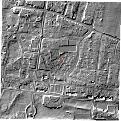 Shaded relief map of the ground around BN175NJ, computed from Environment Agency LiDAR. The ground here sits at about 4 m above sea level and falls 7 m across the surrounding 800 m. Surface water reaching this point runs off ground lying to the north-north-east, 3.5 m higher.