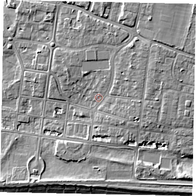 Shaded relief map of the ground around BN175NL, computed from Environment Agency LiDAR. The ground here sits at about 4 m above sea level and falls 7 m across the surrounding 800 m. Surface water reaching this point runs off ground lying to the north-north-east, 4.4 m higher.