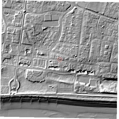 Shaded relief map of the ground around BN175NP, computed from Environment Agency LiDAR. The ground here sits at about 5 m above sea level and falls 10 m across the surrounding 800 m. Surface water reaching this point runs off ground lying to the east, 1.6 m higher.