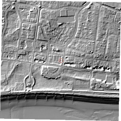 Shaded relief map of the ground around BN175NQ, computed from Environment Agency LiDAR. The ground here sits at about 4 m above sea level and falls 10 m across the surrounding 800 m. Surface water reaching this point runs off ground lying to the east, 2.2 m higher.
