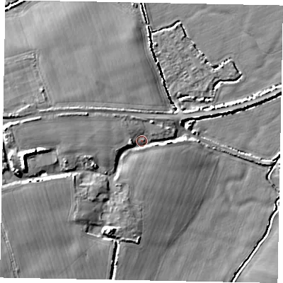 Shaded relief map of the ground around BN175QT, computed from Environment Agency LiDAR. The ground here sits at about 4 m above sea level and falls 9 m across the surrounding 800 m. Surface water reaching this point runs off ground lying to the west, 6.4 m higher.