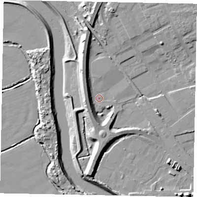 Shaded relief map of the ground around BN175RA, computed from Environment Agency LiDAR. The ground here sits at about 3 m above sea level and falls 12 m across the surrounding 800 m. Surface water reaching this point runs off ground lying to the west-south-west, 7.2 m higher.