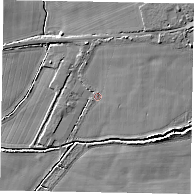Shaded relief map of the ground around BN175RE, computed from Environment Agency LiDAR. The ground here sits at about 4 m above sea level and falls 7 m across the surrounding 800 m. Surface water reaching this point runs off ground lying to the north-east, 2.1 m higher.