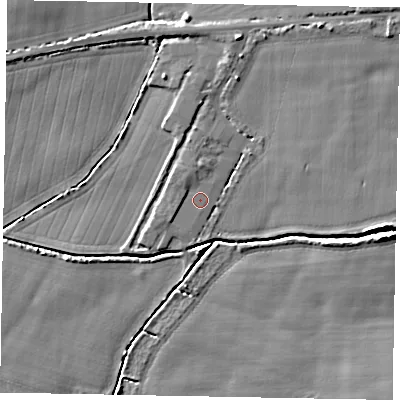Shaded relief map of the ground around BN175RX, computed from Environment Agency LiDAR. The ground here sits at about 4 m above sea level and falls 7 m across the surrounding 800 m. Surface water reaching this point runs off ground lying to the north-north-west, 1.1 m higher.
