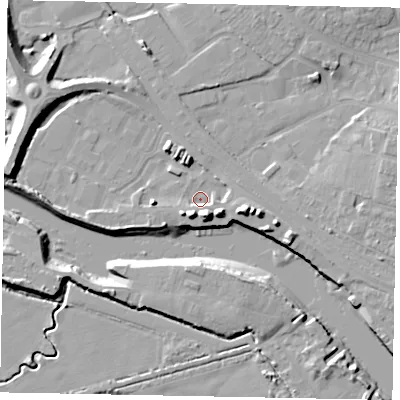 Shaded relief map of the ground around BN175SF, computed from Environment Agency LiDAR. The ground here sits at about 2 m above sea level and falls 12 m across the surrounding 800 m. Surface water reaching this point runs off ground lying to the south-south-east, 7.2 m higher.
