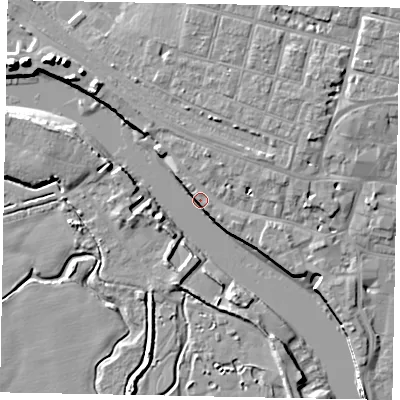 Shaded relief map of the ground around BN175TA, computed from Environment Agency LiDAR. The ground here sits at about 4 m above sea level and falls 12 m across the surrounding 800 m. Surface water reaching this point runs off ground lying to the north-east, 3.5 m higher.