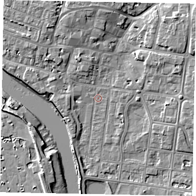 Shaded relief map of the ground around BN175TE, computed from Environment Agency LiDAR. The ground here sits at about 2 m above sea level and falls 9 m across the surrounding 800 m. Surface water reaching this point runs off ground lying to the north-east, 6.3 m higher.
