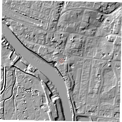Shaded relief map of the ground around BN175TH, computed from Environment Agency LiDAR. The ground here sits at about 4 m above sea level and falls 9 m across the surrounding 800 m. Surface water reaching this point runs off ground lying to the south, 1.2 m higher.