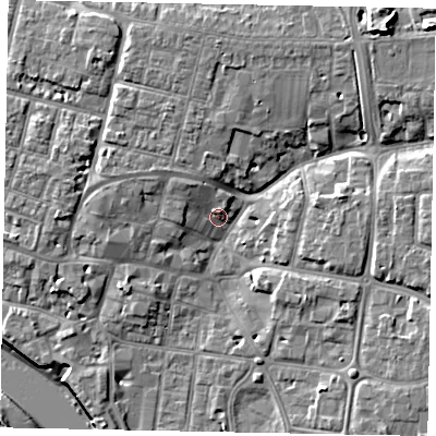 Shaded relief map of the ground around BN176AT, computed from Environment Agency LiDAR. The ground here sits at about 4 m above sea level and falls 14 m across the surrounding 800 m. Surface water reaching this point runs off ground lying to the north-west, 4.3 m higher.