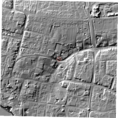 Shaded relief map of the ground around BN176AU, computed from Environment Agency LiDAR. The ground here sits at about 4 m above sea level and falls 14 m across the surrounding 800 m. Surface water reaching this point runs off ground lying to the east-north-east, 6.0 m higher.
