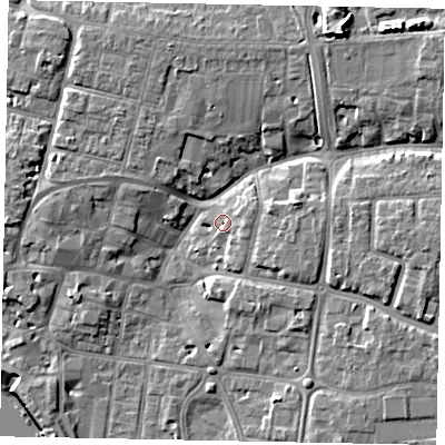 Shaded relief map of the ground around BN176AW, computed from Environment Agency LiDAR. The ground here sits at about 4 m above sea level and falls 14 m across the surrounding 800 m. Surface water reaching this point runs off ground lying to the east-north-east, 2.3 m higher.