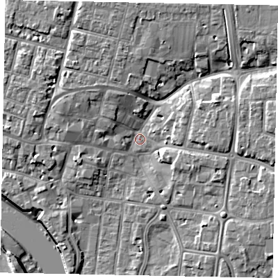 Shaded relief map of the ground around BN176AX, computed from Environment Agency LiDAR. The ground here sits at about 3 m above sea level and falls 10 m across the surrounding 800 m. Surface water reaching this point runs off ground lying to the north, 6.6 m higher.