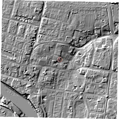 Shaded relief map of the ground around BN176BP, computed from Environment Agency LiDAR. The ground here sits at about 5 m above sea level and falls 14 m across the surrounding 800 m. Surface water reaching this point runs off ground lying to the north-west, 1.8 m higher.