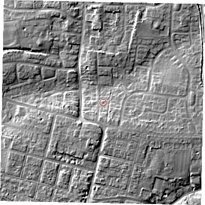 Shaded relief map of the ground around BN176LG, computed from Environment Agency LiDAR. The ground here sits at about 5 m above sea level and falls 7 m across the surrounding 800 m. Surface water reaching this point runs off ground lying to the south, 3.0 m higher.