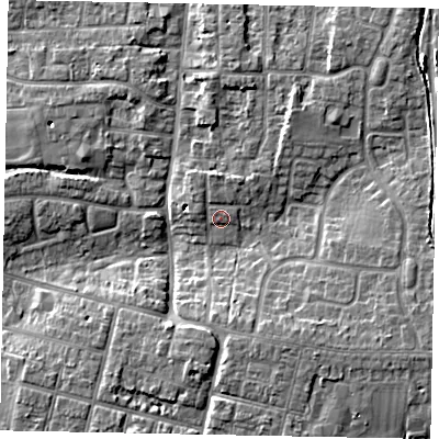 Shaded relief map of the ground around BN176LQ, computed from Environment Agency LiDAR. The ground here sits at about 5 m above sea level and falls 7 m across the surrounding 800 m. Surface water reaching this point runs off ground lying to the north-north-west, 1.6 m higher.