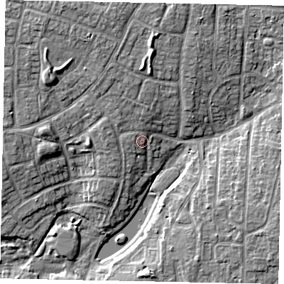 Shaded relief map of the ground around BN176NY, computed from Environment Agency LiDAR. The ground here sits at about 5 m above sea level and falls 8 m across the surrounding 800 m. Surface water reaching this point runs off ground lying to the west-north-west, 1.6 m higher.