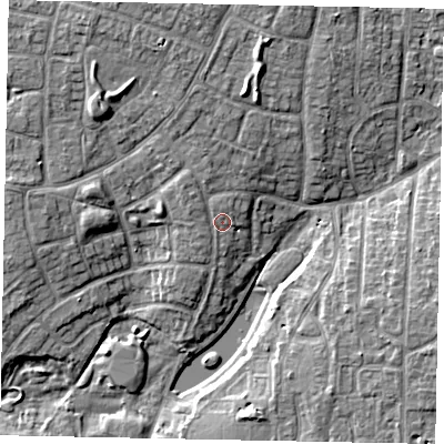 Shaded relief map of the ground around BN176PP, computed from Environment Agency LiDAR. The ground here sits at about 5 m above sea level and falls 8 m across the surrounding 800 m. Surface water reaching this point runs off ground lying to the north-north-west, 1.7 m higher.