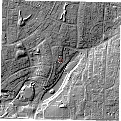 Shaded relief map of the ground around BN176PR, computed from Environment Agency LiDAR. The ground here sits at about 4 m above sea level and falls 8 m across the surrounding 800 m. Surface water reaching this point runs off ground lying to the north-north-west, 2.8 m higher.