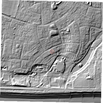 Shaded relief map of the ground around BN176PY, computed from Environment Agency LiDAR. The ground here sits at about 5 m above sea level and falls 9 m across the surrounding 800 m. Surface water reaching this point runs off ground lying to the north-north-west, 3.3 m higher.