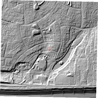 Shaded relief map of the ground around BN176PZ, computed from Environment Agency LiDAR. The ground here sits at about 4 m above sea level and falls 10 m across the surrounding 800 m. Surface water reaching this point runs off ground lying to the north-north-west, 5.8 m higher.