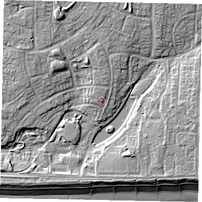 Shaded relief map of the ground around BN176QU, computed from Environment Agency LiDAR. The ground here sits at about 5 m above sea level and falls 10 m across the surrounding 800 m. Surface water reaching this point runs off ground lying to the north, 2.8 m higher.
