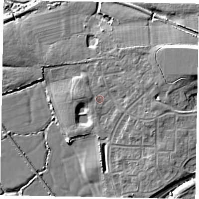 Shaded relief map of the ground around BN177AD, computed from Environment Agency LiDAR. The ground here sits at about 7 m above sea level and falls 11 m across the surrounding 800 m. Surface water reaching this point runs off ground lying to the east-north-east, 1.5 m higher.