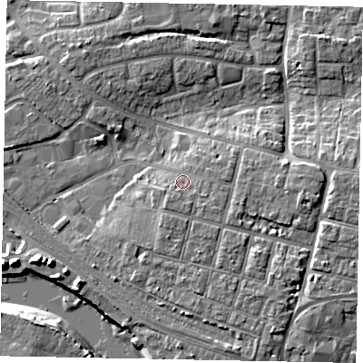 Shaded relief map of the ground around BN177AT, computed from Environment Agency LiDAR. The ground here sits at about 5 m above sea level and falls 12 m across the surrounding 800 m. Surface water reaching this point runs off ground lying to the south-west, 2.0 m higher.