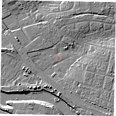 Shaded relief map of the ground around BN177AU, computed from Environment Agency LiDAR. The ground here sits at about 3 m above sea level and falls 12 m across the surrounding 800 m. Surface water reaching this point runs off ground lying to the east-south-east, 5.0 m higher.