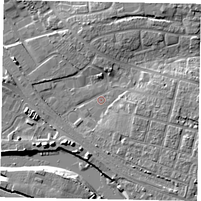 Shaded relief map of the ground around BN177BB, computed from Environment Agency LiDAR. The ground here sits at about 3 m above sea level and falls 12 m across the surrounding 800 m. Surface water reaching this point runs off ground lying to the east-south-east, 5.3 m higher.