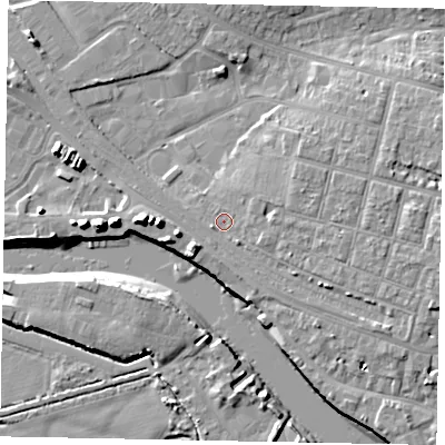 Shaded relief map of the ground around BN177BS, computed from Environment Agency LiDAR. The ground here sits at about 4 m above sea level and falls 12 m across the surrounding 800 m. Surface water reaching this point runs off ground lying to the east, 3.6 m higher.
