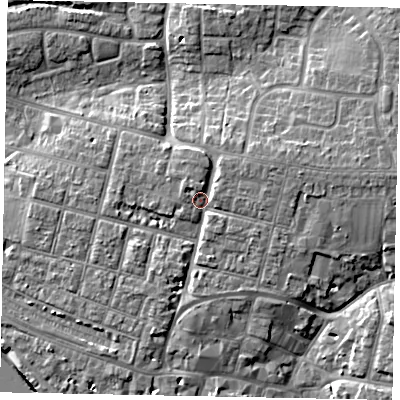 Shaded relief map of the ground around BN177DE, computed from Environment Agency LiDAR. The ground here sits at about 6 m above sea level and falls 10 m across the surrounding 800 m. Surface water reaching this point runs off ground lying to the east-north-east, 2.7 m higher.