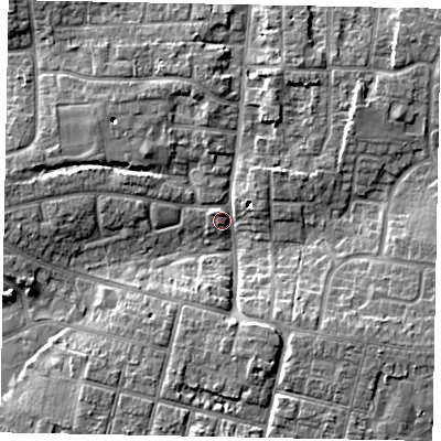 Shaded relief map of the ground around BN177DH, computed from Environment Agency LiDAR. The ground here sits at about 4 m above sea level and falls 7 m across the surrounding 800 m. Surface water reaching this point runs off ground lying to the south-east, 6.3 m higher.