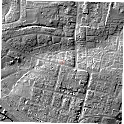 Shaded relief map of the ground around BN177DY, computed from Environment Agency LiDAR. The ground here sits at about 5 m above sea level and falls 10 m across the surrounding 800 m. Surface water reaching this point runs off ground lying to the south, 1.8 m higher.