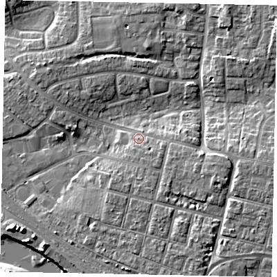 Shaded relief map of the ground around BN177DZ, computed from Environment Agency LiDAR. The ground here sits at about 5 m above sea level and falls 10 m across the surrounding 800 m. Surface water reaching this point runs off ground lying to the south-south-east, 3.0 m higher.